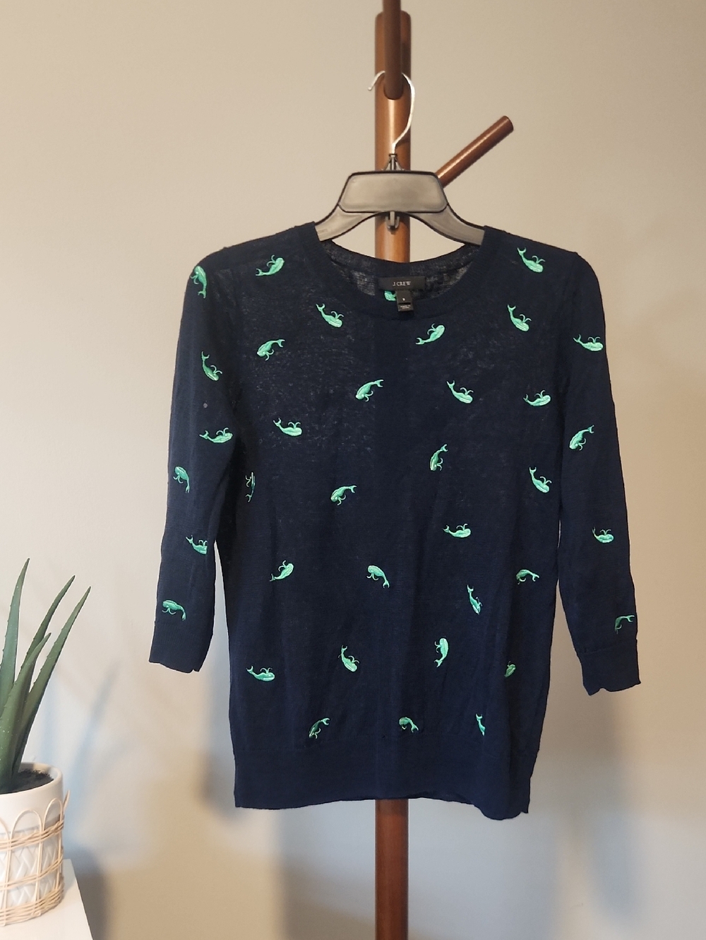 J. Crew Navy Linen Crewneck Sweater with Embroidered Whales